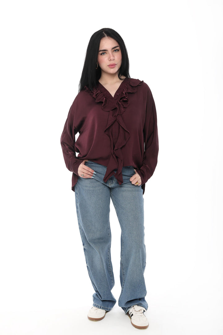 burgundy ruffled blouse