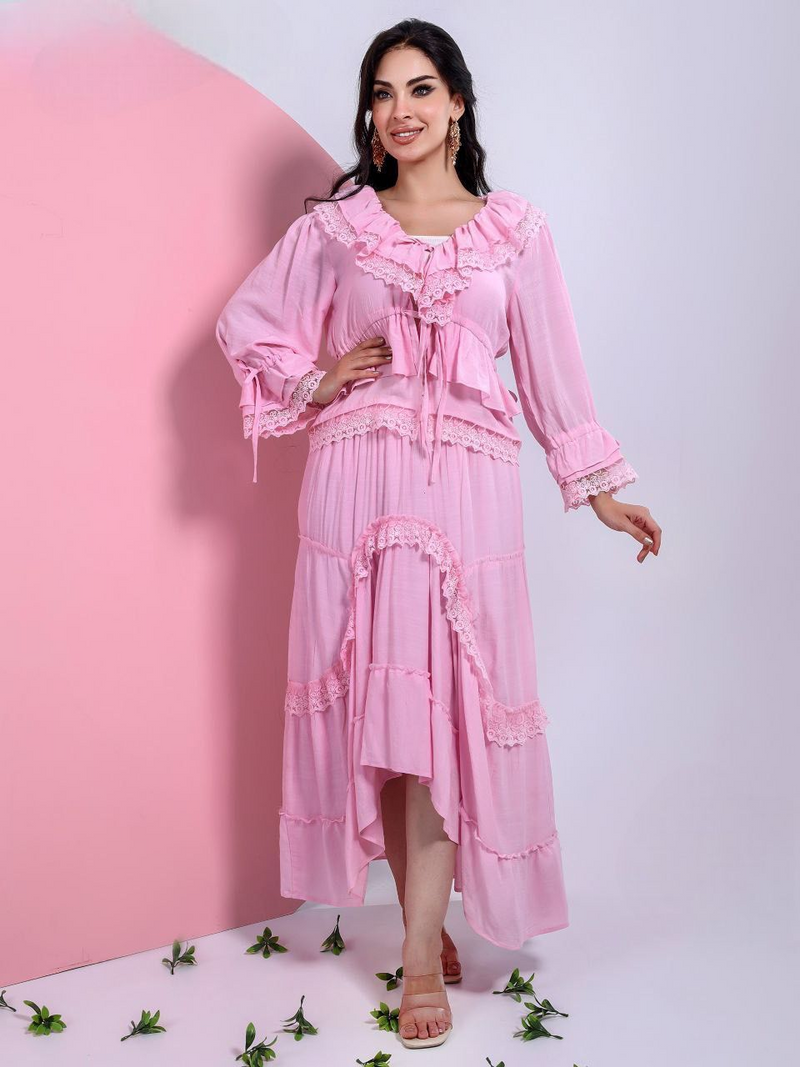 A plain suit with delicate guipure lace details.