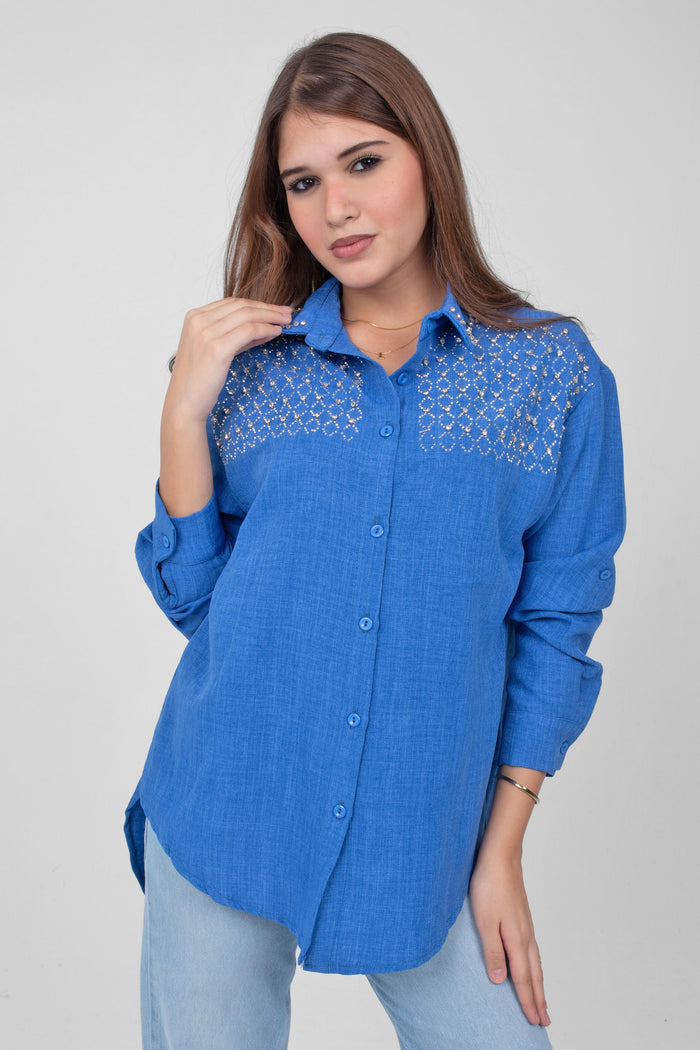 A timeless linen shirt elevated with rhinestone details