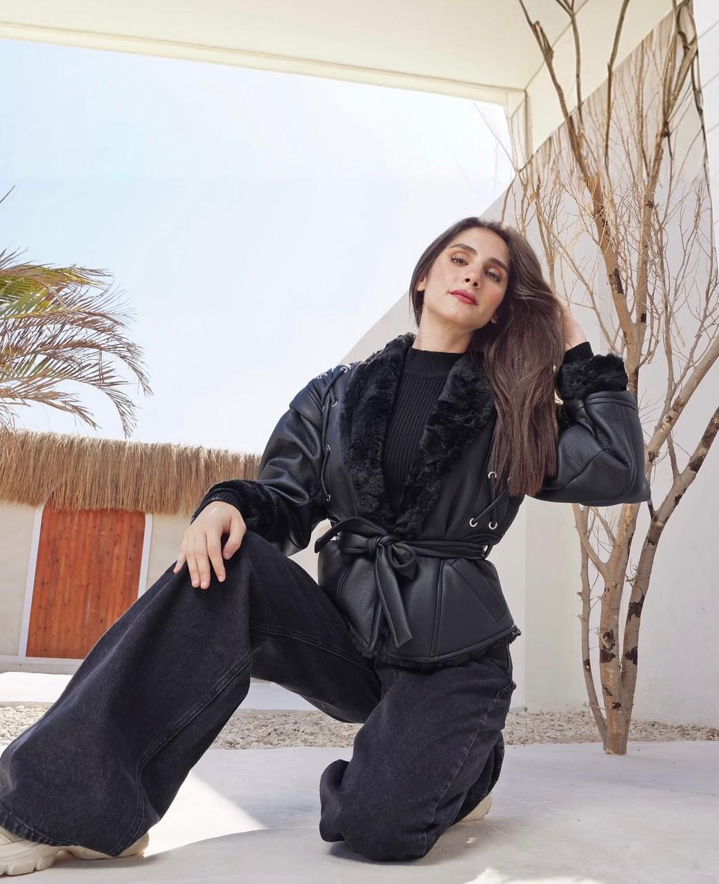 Faux Leather Belted Winter Jacket