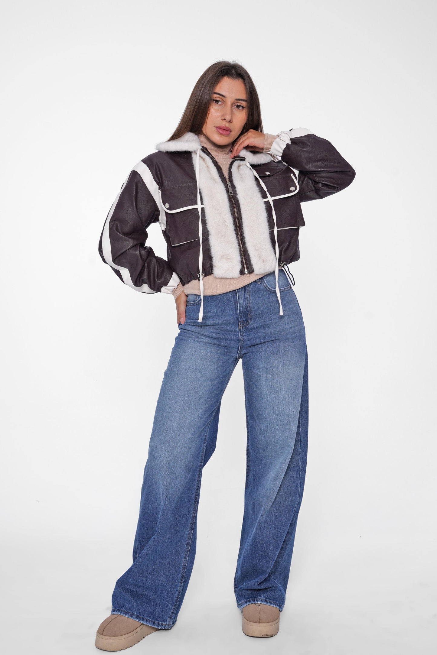 Cropped Faux Leather Jacket with Fur Lining