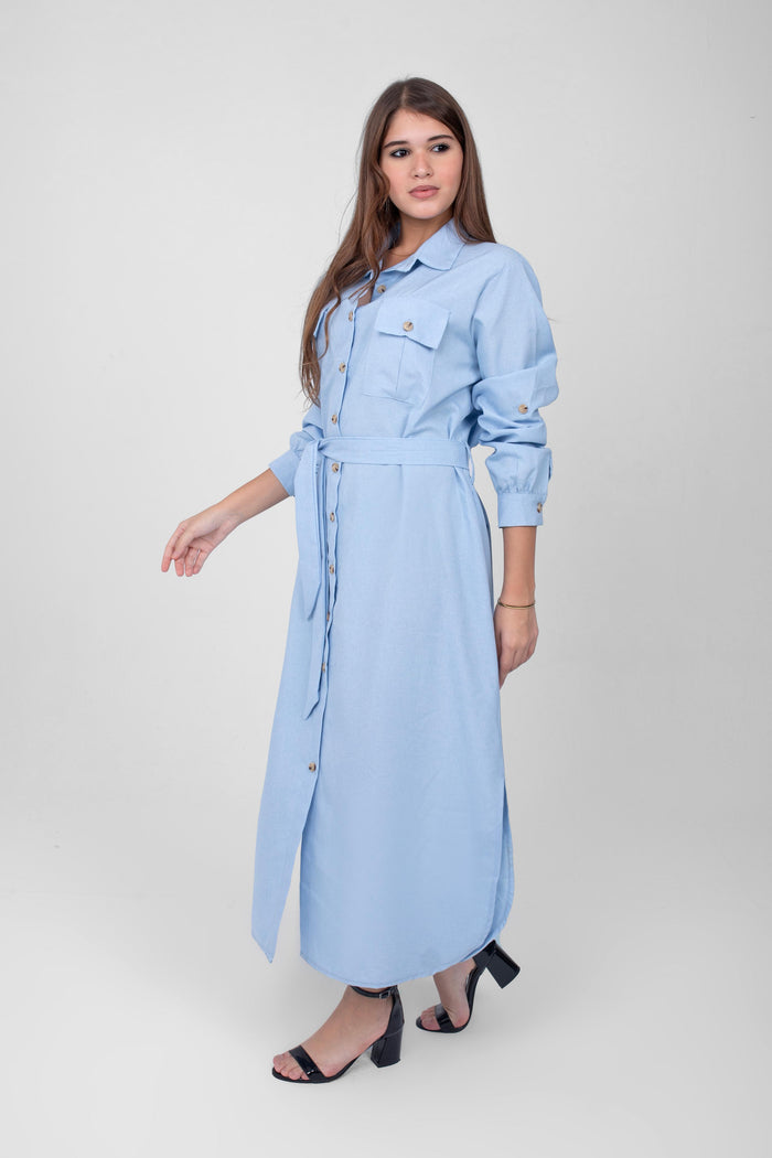 Stay chic and comfortable in this buttoned linen dress